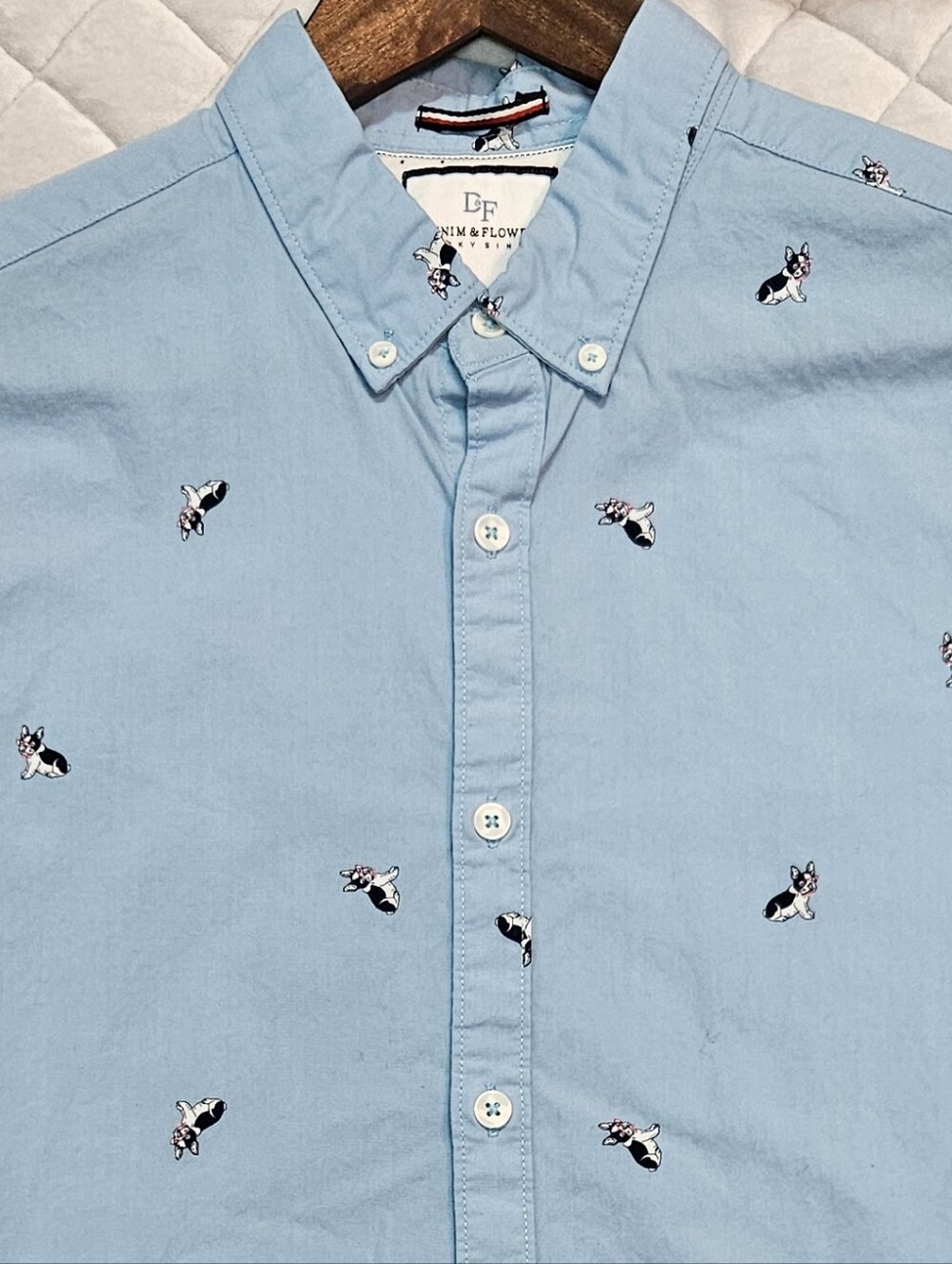 French Bulldog Print Short Sleeve Button Down Shirt By Denim and Flower